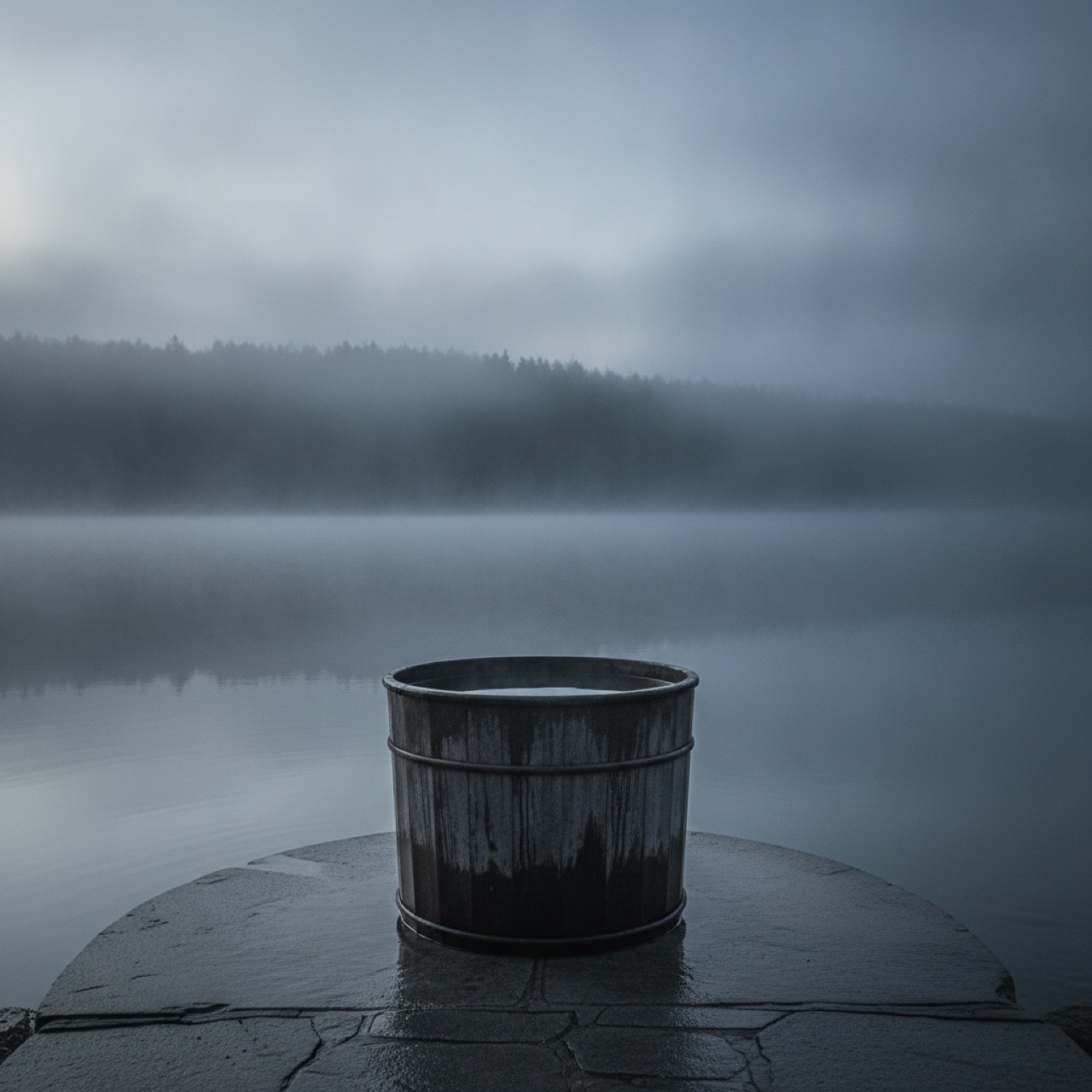 Cold plunge tub outdoors at misty dawn